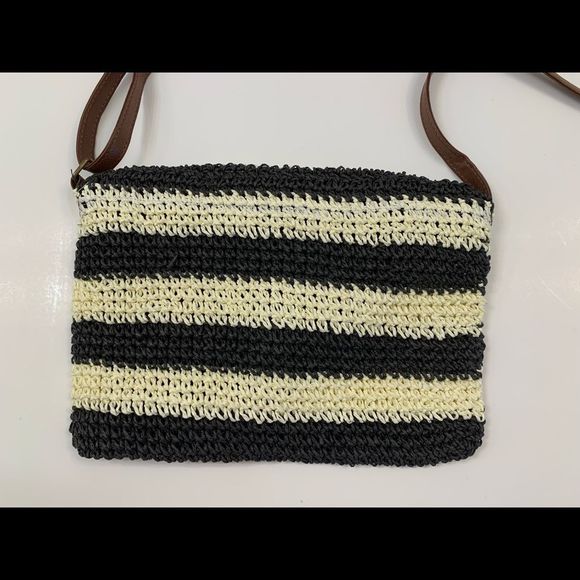Striped Black/White Boho Straw Crossbody Bag - Picture 6 of 9